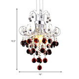 Burgundy Crystal Pendant Light With Chrome Beaded Chandelier - Modern 4-Light Lamp For Bedroom
