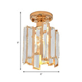 Golden Semi Flush Cylinder Ceiling Light With Crystal Block - Contemporary Gold Fixture