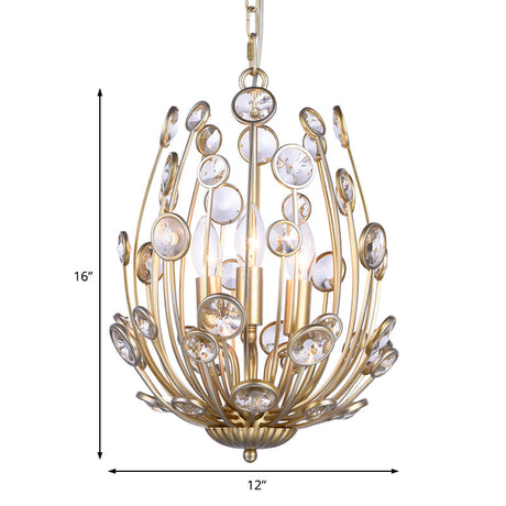 Gold Floral Chandelier With 3 Lights - Modern Style Metal And Crystal Hanging Fixture For Dining