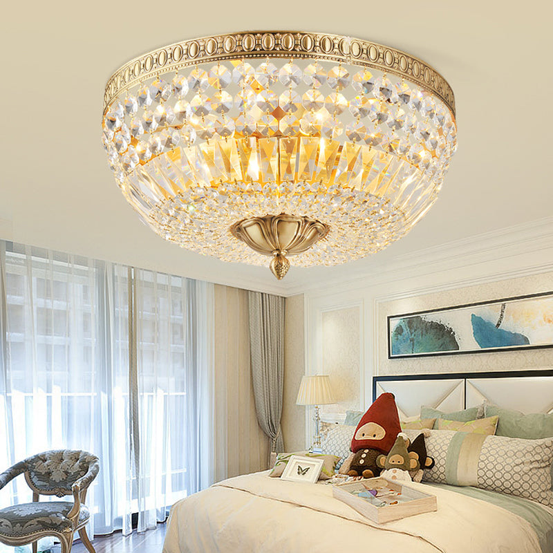 Vintage Golden Bowl Metal Ceiling Light With Clear Crystal Deco - 3 Lights Flush Mount
