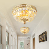 Vintage Golden Bowl Metal Ceiling Light With Clear Crystal Deco - 3 Lights Flush Mount Gold / 12