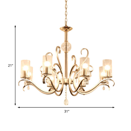 Vintage Cylindrical Chandelier Light In Clear Glass With Crystal Drop - 6/8 Lights Champagne