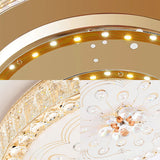 Gold Metal And Crystal Led Flushed Ceiling Light With Peacock/Floral Pattern - 16’/19.5’ Wide