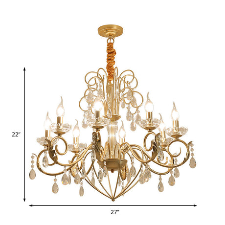 Vintage Style Gold Candle Hanging Lamp With Crystal Accents - Height Adjustable Chandelier Pendant