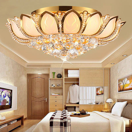 Vintage Petal Flushed Gold Ceiling Light With Frosted Glass & Clear Crystal Ball Décor - 18’/19.5’ W