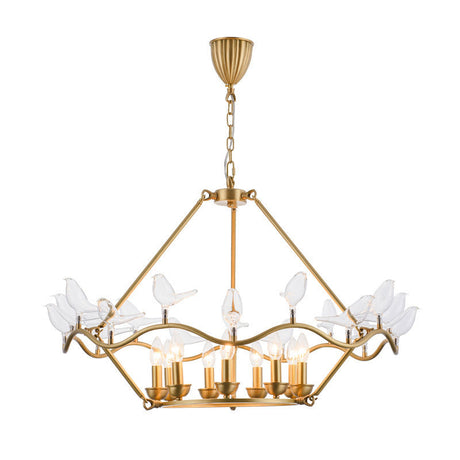 Postmodern Iron Candle Chandelier With Clear Glass Birds - 6/9-Head Gold Ceiling Fixture For Living
