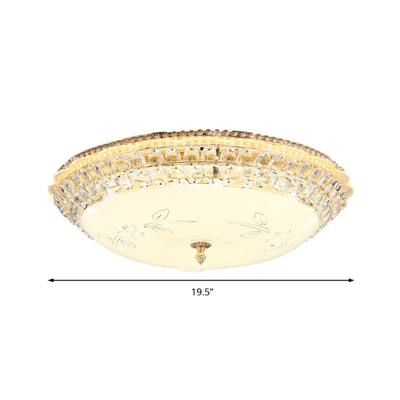 Modernist White Glass And Clear Crystal Led Flush Pendant Light For Bedroom - 12/16 Diameter