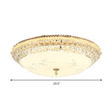 Modernist White Glass And Clear Crystal Led Flush Pendant Light For Bedroom - 12/16 Diameter