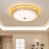 Vintage Style Led Flush Pendant Light With Frosted Glass And Etched Gold Metal Design