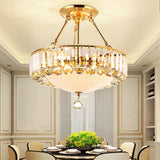 Vintage Gold Drum Semi Mount Lighting With Crystal Accents And Milk Glass Diffuser