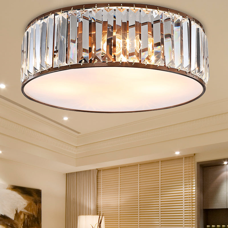 Modern Black/Bronze Flush Mount Bedroom Drum Light With Crystal Block - 12.5/16.5 Width Bronze /