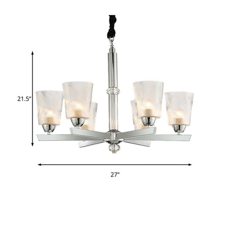 Modern Ribbed Glass 6-Light Chrome Chandelier Pendant - Cup Up Design For Living Room Ceiling Lamp