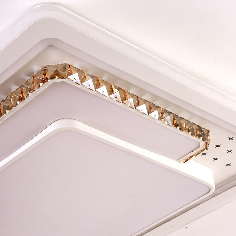 Geometric Crystal Led Ceiling Light For Living Room: Minimal Rectangle Flush Mount With Leaf Pattern