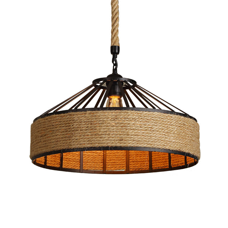Vintage Style Drum Shade Rope Pendant Light - Perfect For Coffee Shops 1 Bulb Black