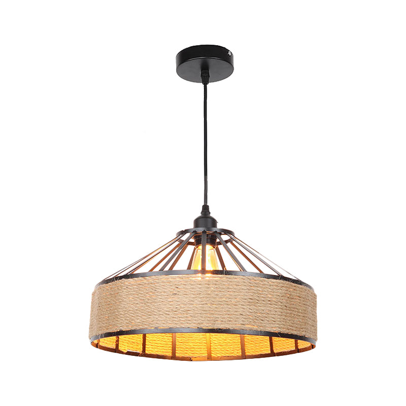 Vintage Style Drum Shade Rope Pendant Light - Perfect For Coffee Shops 1 Bulb Black