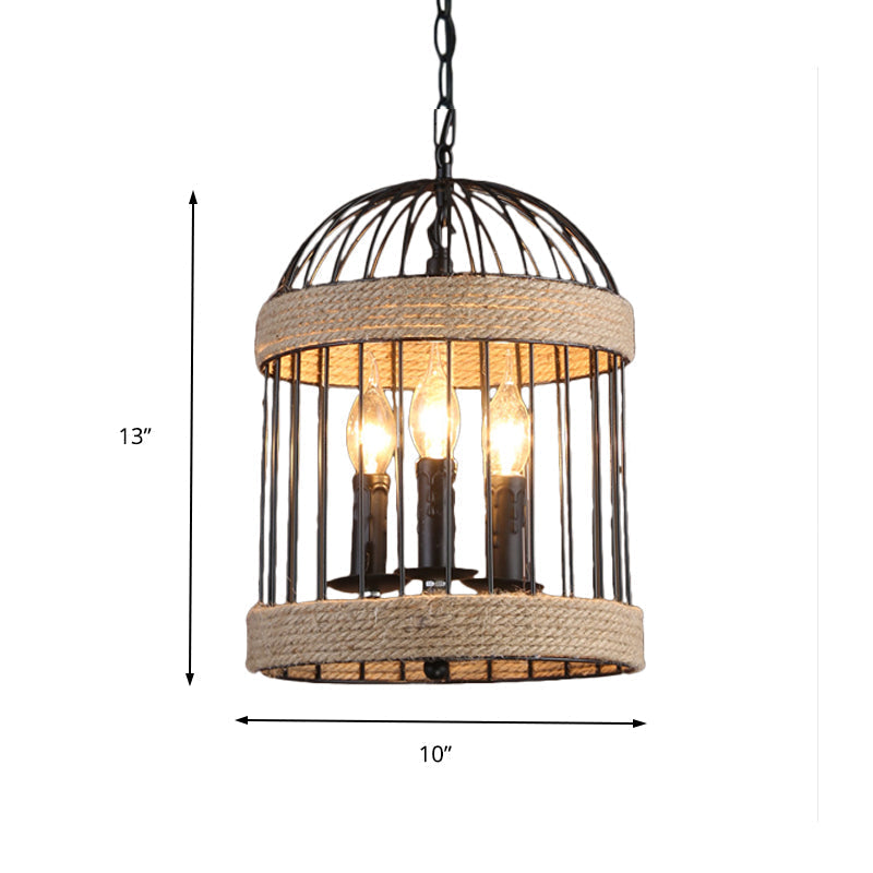 Vintage Black Birdcage Ceiling Light With Metal And Rope Hanging - 3 Bulb Lamp For Dining Room