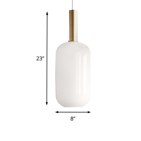 Modern White Glass Pendant Light With Brass Led: Globe/Ellipsoid/Dome Design