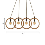 Manila Rope Lodge Style Black Finish 4-Ring Ceiling Pendant With 4 Lights For Coffee Shop
