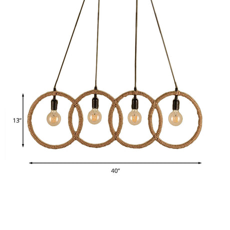 Manila Rope Lodge Style Black Finish 4-Ring Ceiling Pendant With 4 Lights For Coffee Shop