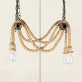 Antique Style Wrought Iron Chandelier With Hemp Rope - 4 Lights Bronze Suspension Lamp For Bar