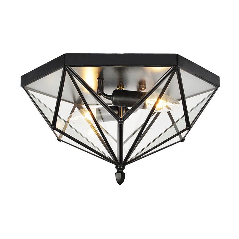 Vintage Polyhedron Clear Glass Ceiling Light - Single Bulb Flushmount In Black For Foyer