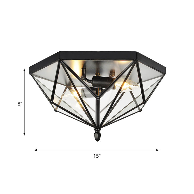 Vintage Polyhedron Clear Glass Ceiling Light - Single Bulb Flushmount In Black For Foyer