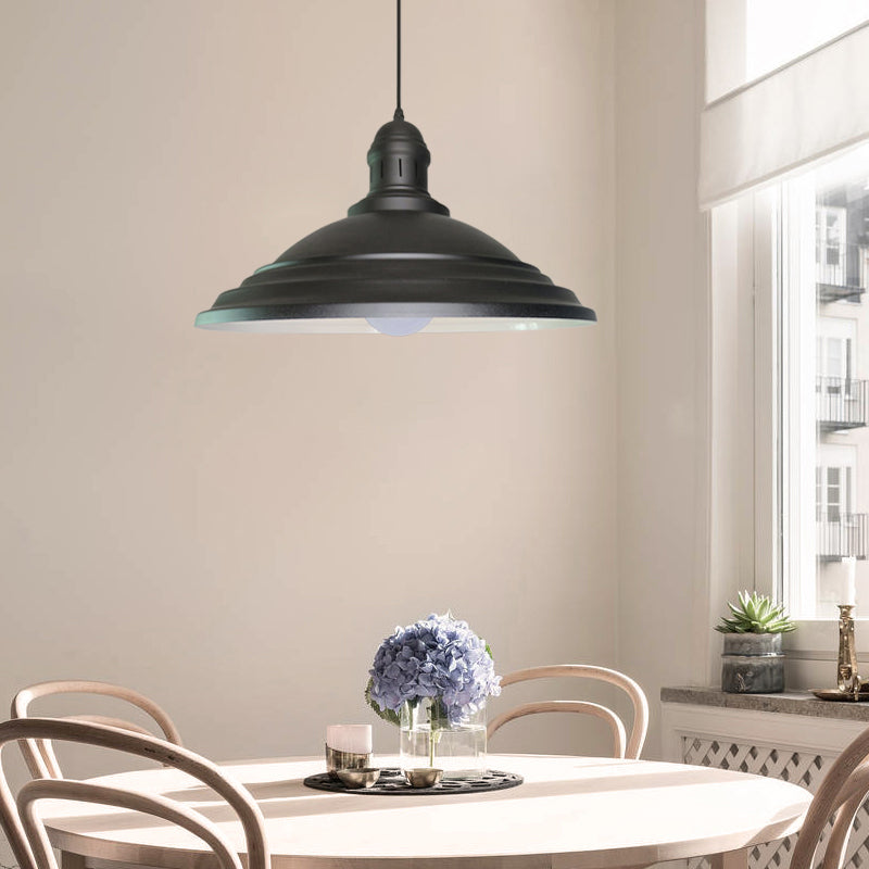 Vintage Bowl Pendant Light - 1 Head Metal Ceiling Lamp With Fluted Design In Black For Balcony / A