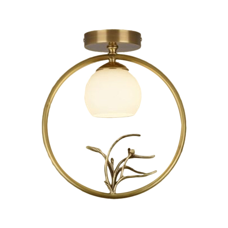 Rustic Opal Glass & Brass Ceiling Lamp With Peacock Decor