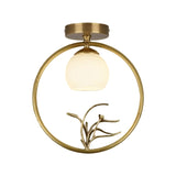 Rustic Opal Glass & Brass Ceiling Lamp With Peacock Decor