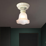 Vintage Floral Flush Ceiling Light With White Opaline Glass And Carving Pattern Blue