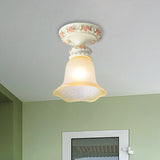 Vintage Floral Flush Ceiling Light With White Opaline Glass And Carving Pattern