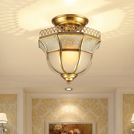 Cottage Crackle Brass Ceiling Lamp With Milky Glass Inverted Bell Semi Mount