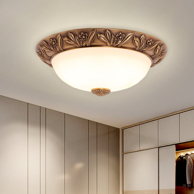 Antiqued Brass Flush Mount Bowl Light Fixture With Multiple Head Options 12/16/21.5 Width