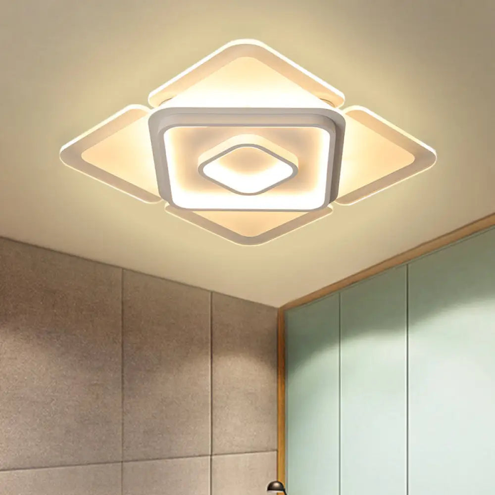 16’/19.5’ Led Flush Bedroom Lamp - Contemporary White Square Acrylic Shade In White/Warm Light
