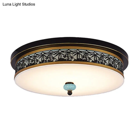16’ - 19.5’ W Led Flush Mount Ceiling Light Fixture | Black - Gold Opal Glass Drum Dining Hall