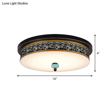 16’ - 19.5’ W Led Flush Mount Ceiling Light Fixture | Black - Gold Opal Glass Drum Dining Hall