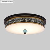 16’ - 19.5’ W Led Flush Mount Ceiling Light Fixture | Black - Gold Opal Glass Drum Dining Hall