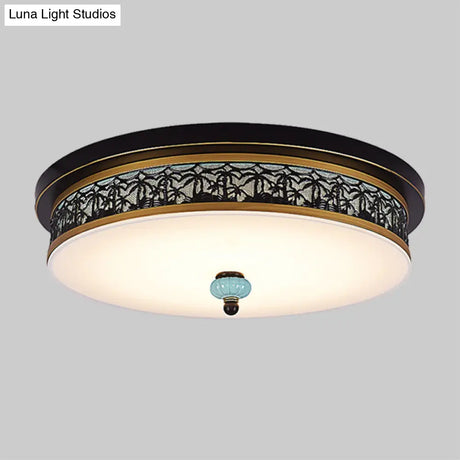 16’ - 19.5’ W Led Flush Mount Ceiling Light Fixture | Black - Gold Opal Glass Drum Dining Hall