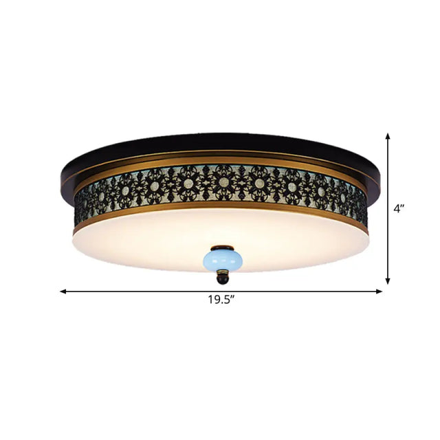 16 - 19.5 W Led Flush Mount Ceiling Light Fixture | Black-Gold Opal Glass Drum Dining Hall