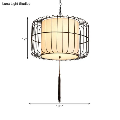 16/19.5 Wide Black Fabric Hanging Pendant Lantern - Traditional Stylish Down Lighting