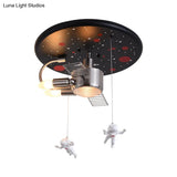 16’/22’ Wide Black Space Satellite Flush Light With 2 Lights And Resin Spacemen Sculpture