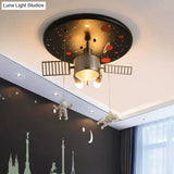 16’/22’ Wide Black Space Satellite Flush Light With 2 Lights And Resin Spacemen Sculpture