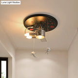 16’/22’ Wide Black Space Satellite Flush Light With 2 Lights And Resin Spacemen Sculpture