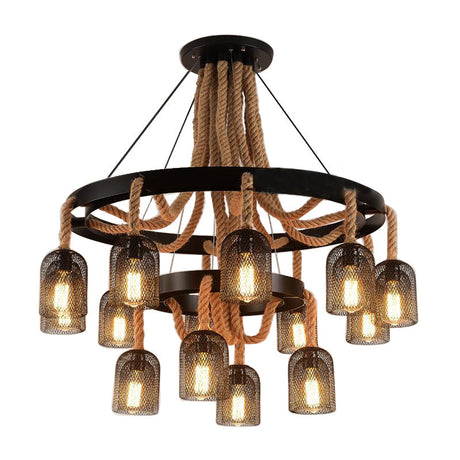 Industrial Black Mesh Ring Hanging Chandelier With 4 Lights - Stylish Foyer Lighting