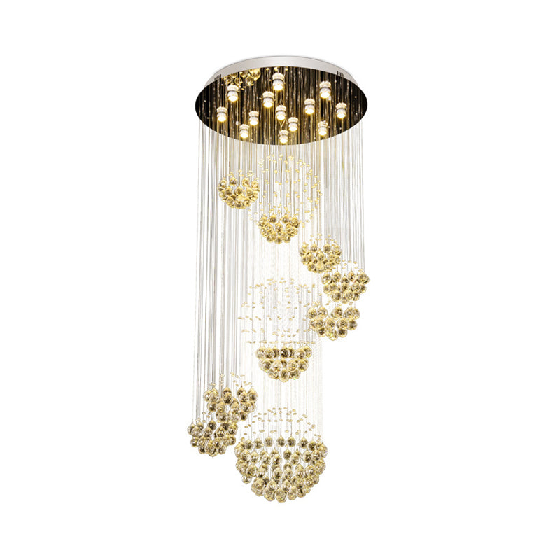 Modern Led Crystal Gold Cluster Pendant Light - Spiral Design With 13 Heads And Round Canopy