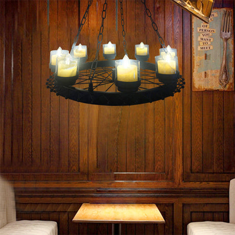 Vintage Iron Chandelier With 8-Light Cylinder Shade And Wheel - Black Restaurant Lighting
