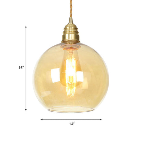 Amber Glass Pendant Lighting - Industrial Global Ceiling Light In Brass (8 /10 /12 Wide)