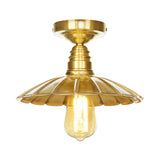 Vintage Waveforms/Scalloped Shade Semi Flush Ceiling Light - Brass Finish 8/9.5 W Metal Fixture