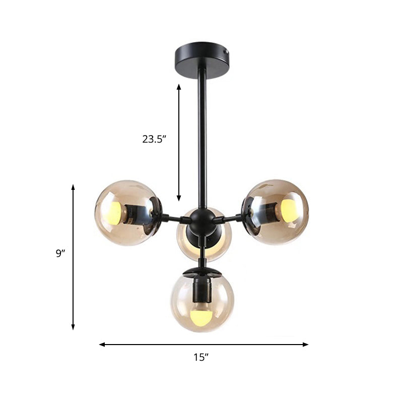 Vintage Amber Glass Ceiling Chandelier With 4 Lights | Black Hanging Fixture For Dining Room