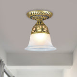 Frosted Glass Farmhouse Flush Mount Lamp - Bell Shape 1-Head Brass Ceiling Light Fixture For
